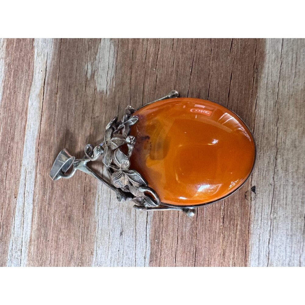 LK Sterling Silver Egg Yolk Butterscotch Amber Pendant Floral 3” 20.45g - Picture 3 of 8